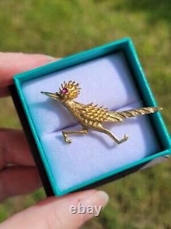 Vintage 14k Gold Roadrunner Road Runner Brooch with Ruby Eyes 4.5 Grams 2