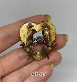 Vintage 14k Gold Sapphire & Enamel 3D Lovebird Brooch SIGNED DET David Trabich