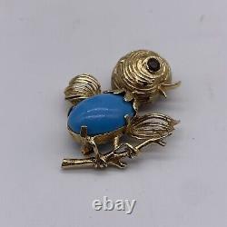 Vintage 14k Gold & Turquoise Cute Baby Bird on Branch Solid 14k Brooch /Pin 7.7g