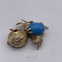 Vintage 14k Gold & Turquoise Cute Baby Bird on Branch Solid 14k Brooch /Pin 7.7g