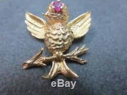 Vintage 14k Solid Yellow Gold Bird Branch Brooch Pin Ruby Eye 4.65 Gram