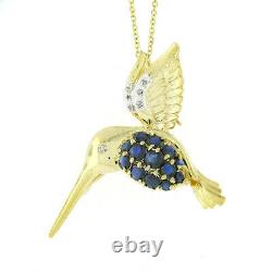 Vintage 14k Yellow Gold 1.45ctw Sapphire Diamond Humming Bird Brooch Pin Pendant