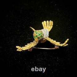 Vintage 14k Yellow Gold Bird Pin/Brooch With Diamonds & Emeralds