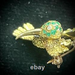 Vintage 14k Yellow Gold Bird Pin/Brooch With Diamonds & Emeralds