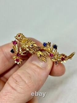Vintage 14k Yellow Gold, Blue and Pink Sapphire Bird Brooch