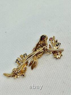 Vintage 14k Yellow Gold, Blue and Pink Sapphire Bird Brooch