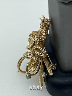 Vintage 14k Yellow Gold Cockatiel Bird Brooch With Natural Emeralds/diamonds