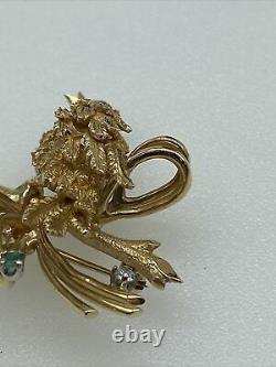 Vintage 14k Yellow Gold Cockatiel Bird Brooch With Natural Emeralds/diamonds
