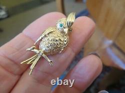 Vintage 14k Yellow Gold Cockatiel Bird With Emerald Eyes Brooch 36 X 15 MM