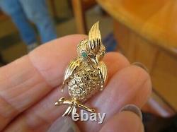 Vintage 14k Yellow Gold Cockatiel Bird With Emerald Eyes Brooch 36 X 15 MM