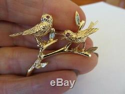 Vintage 14k Yellow Gold Pair Birds On Branch With Ruby Eyes Brooch 46 X 24 MM