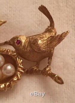Vintage 14k Yellow Gold Ruby Eyed Birds Perched On A Branch Pearl Nest Brooch