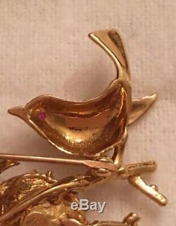 Vintage 14k Yellow Gold Ruby Eyed Birds Perched On A Branch Pearl Nest Brooch
