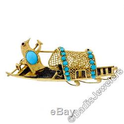 Vintage 14k Yellow Gold Turquoise & Ruby Birds on a Boat Unique Brooch Pin