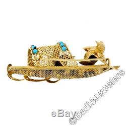 Vintage 14k Yellow Gold Turquoise & Ruby Birds on a Boat Unique Brooch Pin