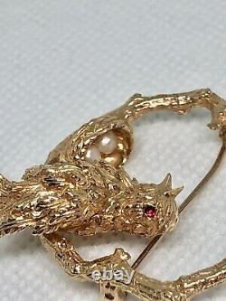 Vintage 14k Yellow Gold and Pearl Bird With Nest Brooch