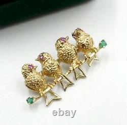 Vintage 14k gold & ruby 4 baby birds pin/brooch