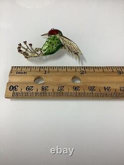 Vintage 14k solid Gold Garnet Hummingbird Green Red Enamel Pin Brooch Beautiful
