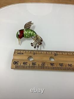 Vintage 14k solid Gold Garnet Hummingbird Green Red Enamel Pin Brooch Beautiful