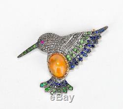 Vintage 14kt 7 Ct Australian Opal Blue Sapphire Diamond Bird Brooch