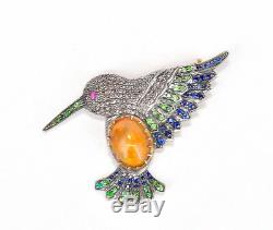 Vintage 14kt 7 Ct Australian Opal Blue Sapphire Diamond Bird Brooch
