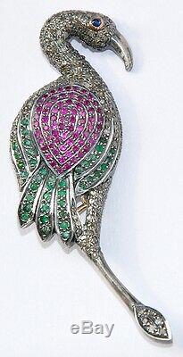 Vintage 14kt Aaa Blue Sapphire Ruby Diamond Swan Bird Brooch