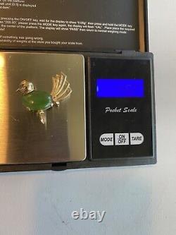 Vintage 14kt Solid Gold & Jade & Ruby Bird of Paradise Pin / Brooch 4.8 Grams