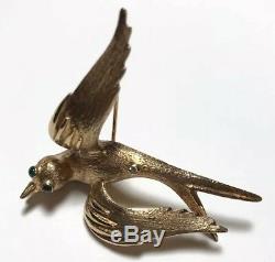 Vintage 14kt Yellow Gold Bird In Flight Brooch Pin 10.8 Grams Diamond Emeralds