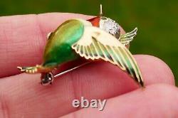 Vintage 14kt Yellow Gold Emerald & Diamond Enameled Humming Bird Brooch 7.4g
