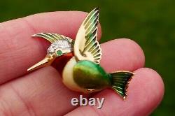 Vintage 14kt Yellow Gold Emerald & Diamond Enameled Humming Bird Brooch 7.4g