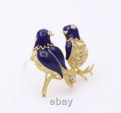 Vintage 18K Gold, Enamel, and Diamond Love Birds Brooch, Parrot Pin