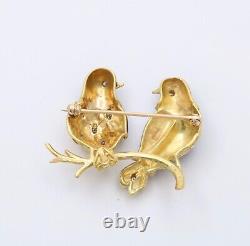 Vintage 18K Gold, Enamel, and Diamond Love Birds Brooch, Parrot Pin
