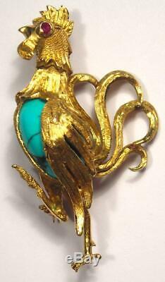 Vintage 18K Gold Rooster Bird Brooch Pin with Natural Turquoise Beautiful