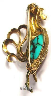 Vintage 18K Gold Rooster Bird Brooch Pin with Natural Turquoise Beautiful