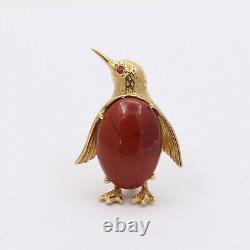 Vintage 18K Gold and Jasper Penguin Brooch, Italian Bird Pin