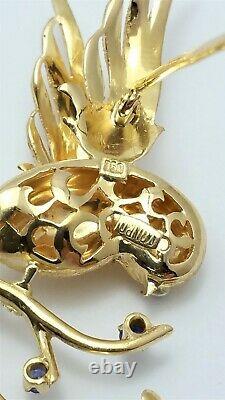Vintage 18K Karat Yellow Gold Signed Italian Bird Brooch With Diamonds & Sapphire
