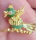 Vintage 18k Yellow Gold Bird Pin Brooch With Jade Body And Ruby Eye Made Italy