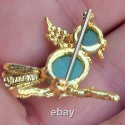 Vintage 18K Yellow Gold Bird Pin Brooch with Jade Body and Ruby Eye Made Italy