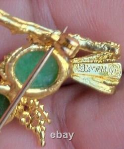 Vintage 18K Yellow Gold Bird Pin Brooch with Jade Body and Ruby Eye Made Italy