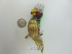 Vintage 18K Yellow Gold Parrot Brooch Pin Enamel Bird Ruby Diamond Italy 4 inch