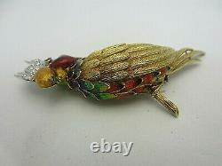 Vintage 18K Yellow Gold Parrot Brooch Pin Enamel Bird Ruby Diamond Italy 4 inch
