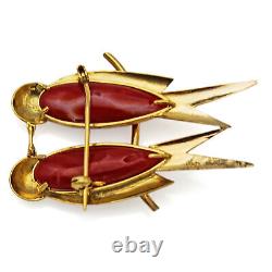 Vintage 18K Yellow Gold Red Coral Love Birds Brooch Pin