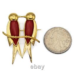 Vintage 18K Yellow Gold Red Coral Love Birds Brooch Pin