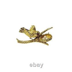Vintage 18 Karat Yellow Gold, Pearl and Ruby Bird and Nest Pin/Brooch #12013
