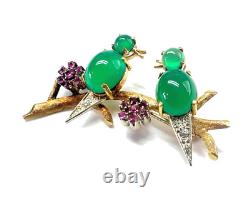 Vintage 18k Gold Bird Brooch Pin With Rubies Diamonds & Dyed Chalcedony