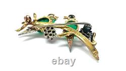 Vintage 18k Gold Bird Brooch Pin With Rubies Diamonds & Dyed Chalcedony
