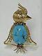 Vintage 18k Gold Bird On Branch Turquoise Diamond Ruby Pin Brooch