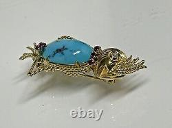 Vintage 18k Gold Bird on Branch Turquoise Diamond Ruby Pin Brooch