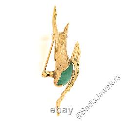 Vintage 18k Gold Cabochon Jade Ruby Textured Open Wire Work Swan Bird Brooch Pin