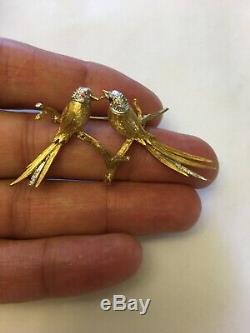 Vintage 18k Gold Diamond Kissing Birds Brooch Pin